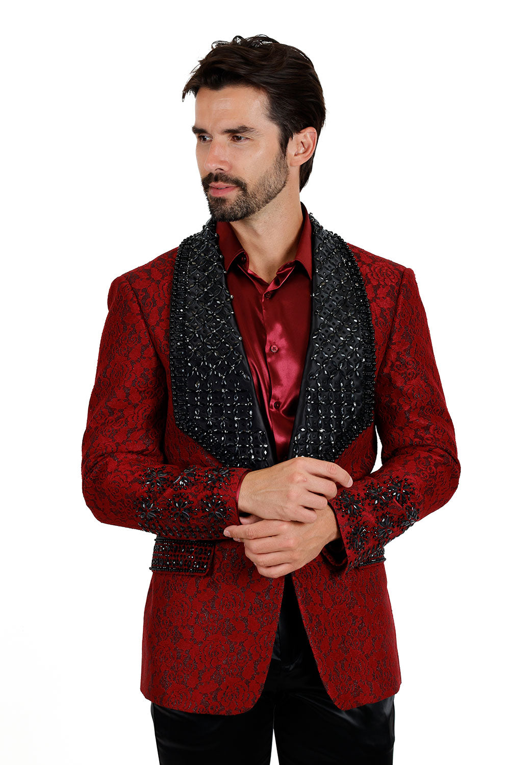 Barabas Elite Men's Rhinestone Floral Luxury Shawl Lapel Blazer 3EBL15 Red Black
