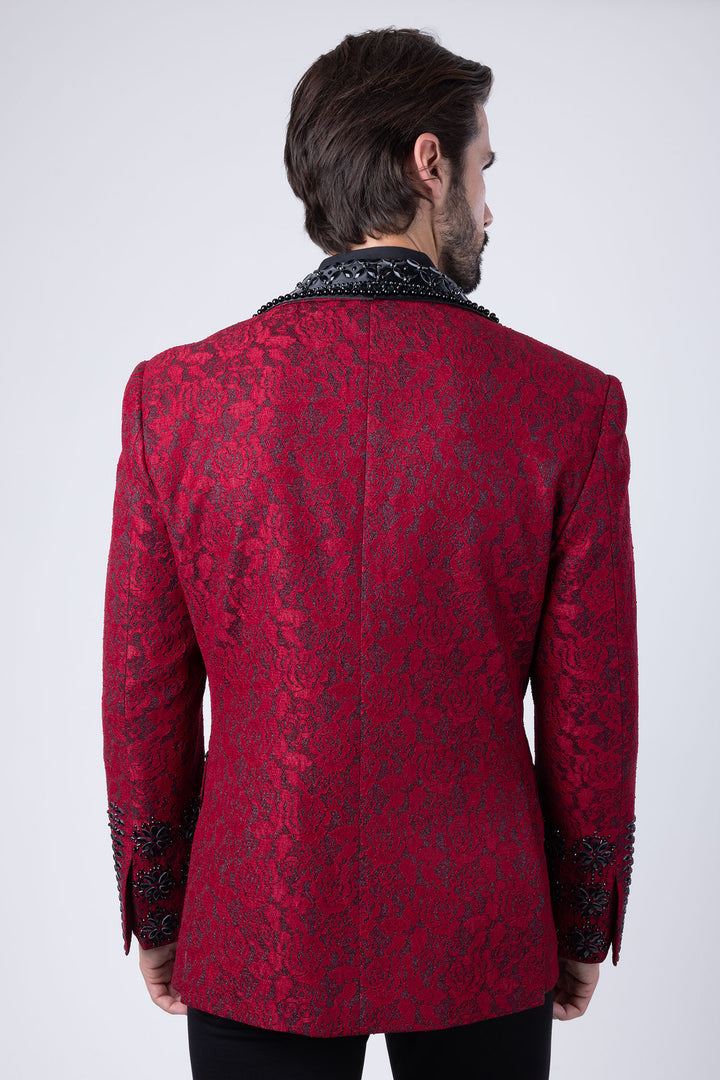 Barabas Elite Men's Rhinestone Floral Luxury Shawl Lapel Blazer 3EBL15 Red Black