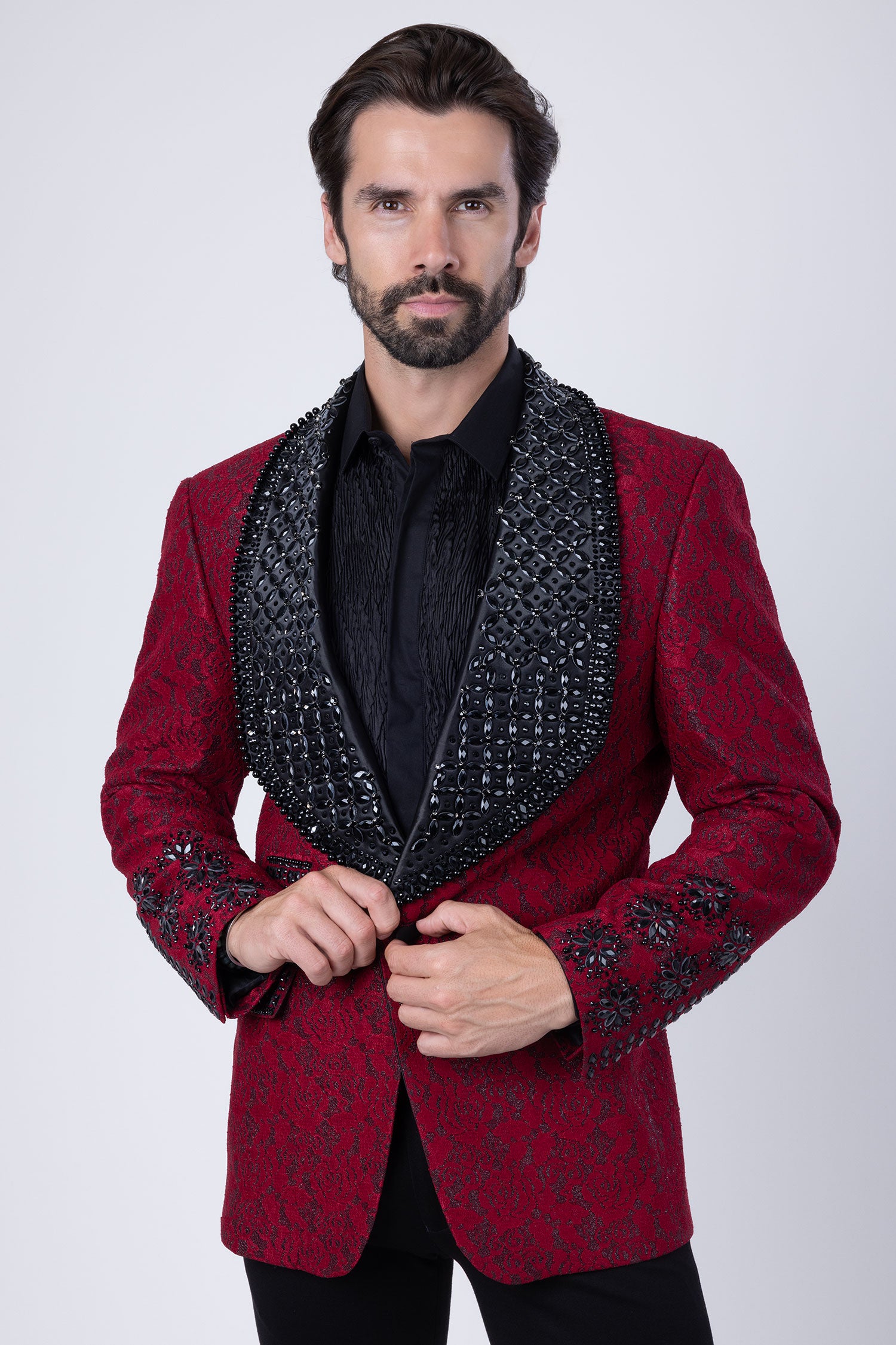 Barabas Elite Men's Rhinestone Floral Luxury Shawl Lapel Blazer 3EBL15 Red Black