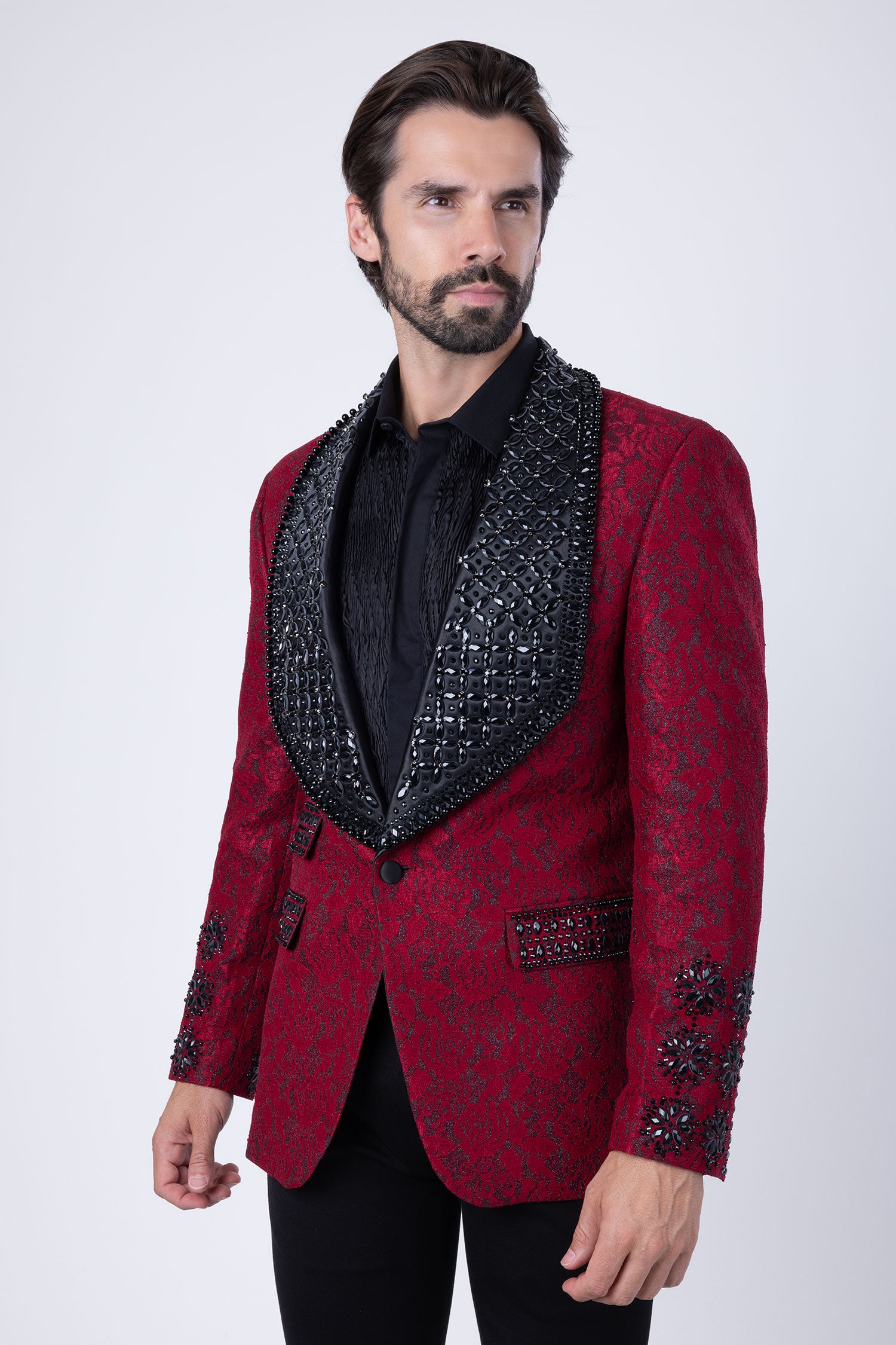 Barabas Elite Men's Rhinestone Floral Luxury Shawl Lapel Blazer 3EBL15 Red Black