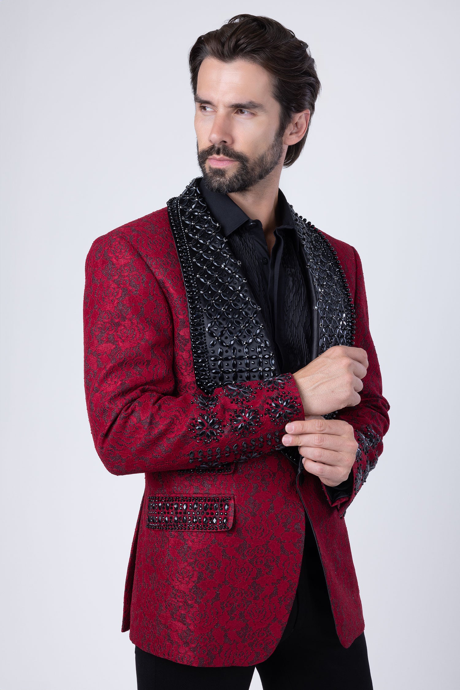 Barabas Elite Men's Rhinestone Floral Luxury Shawl Lapel Blazer 3EBL15 Red Black