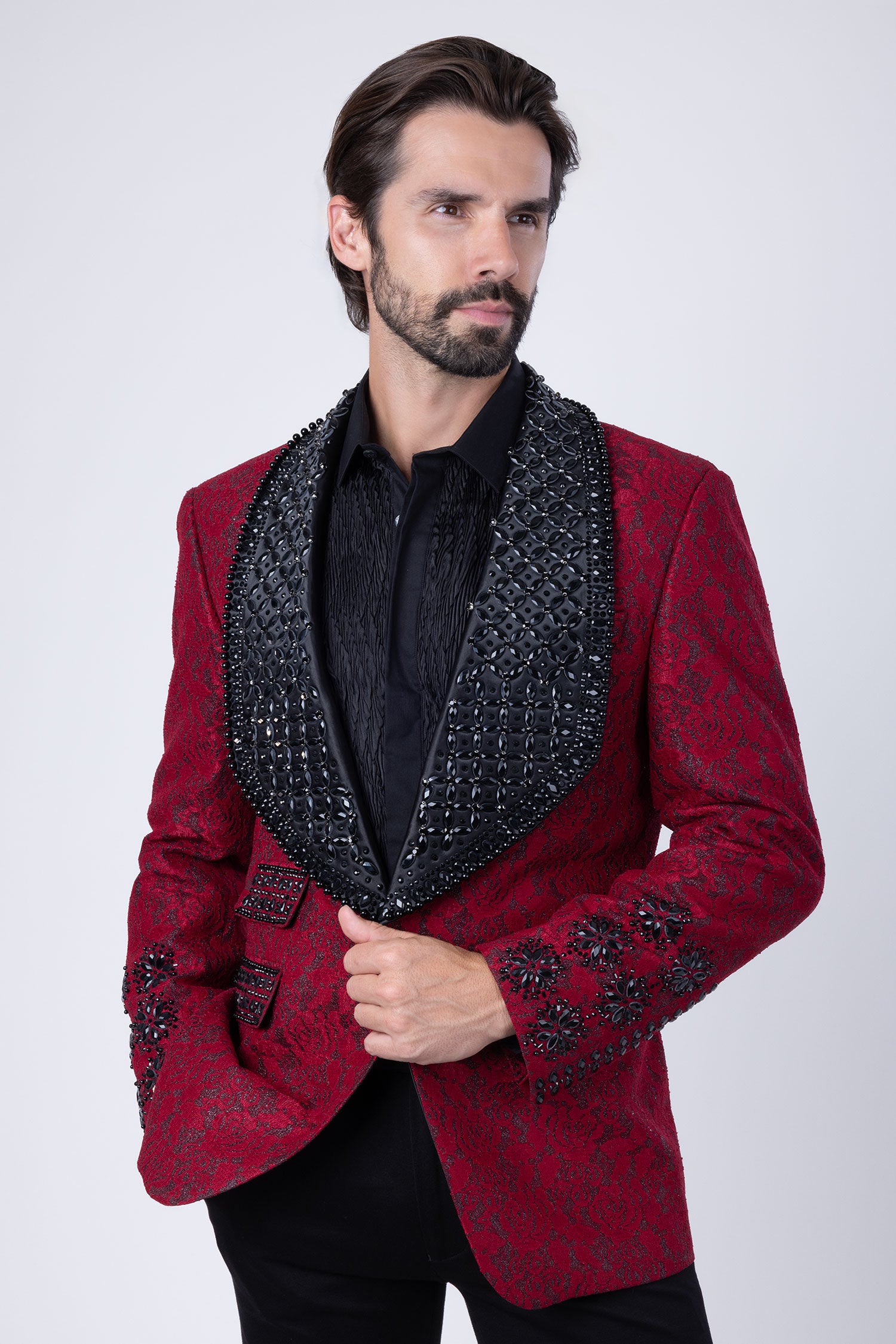 Barabas Elite Men's Rhinestone Floral Luxury Shawl Lapel Blazer 3EBL15 Red Black