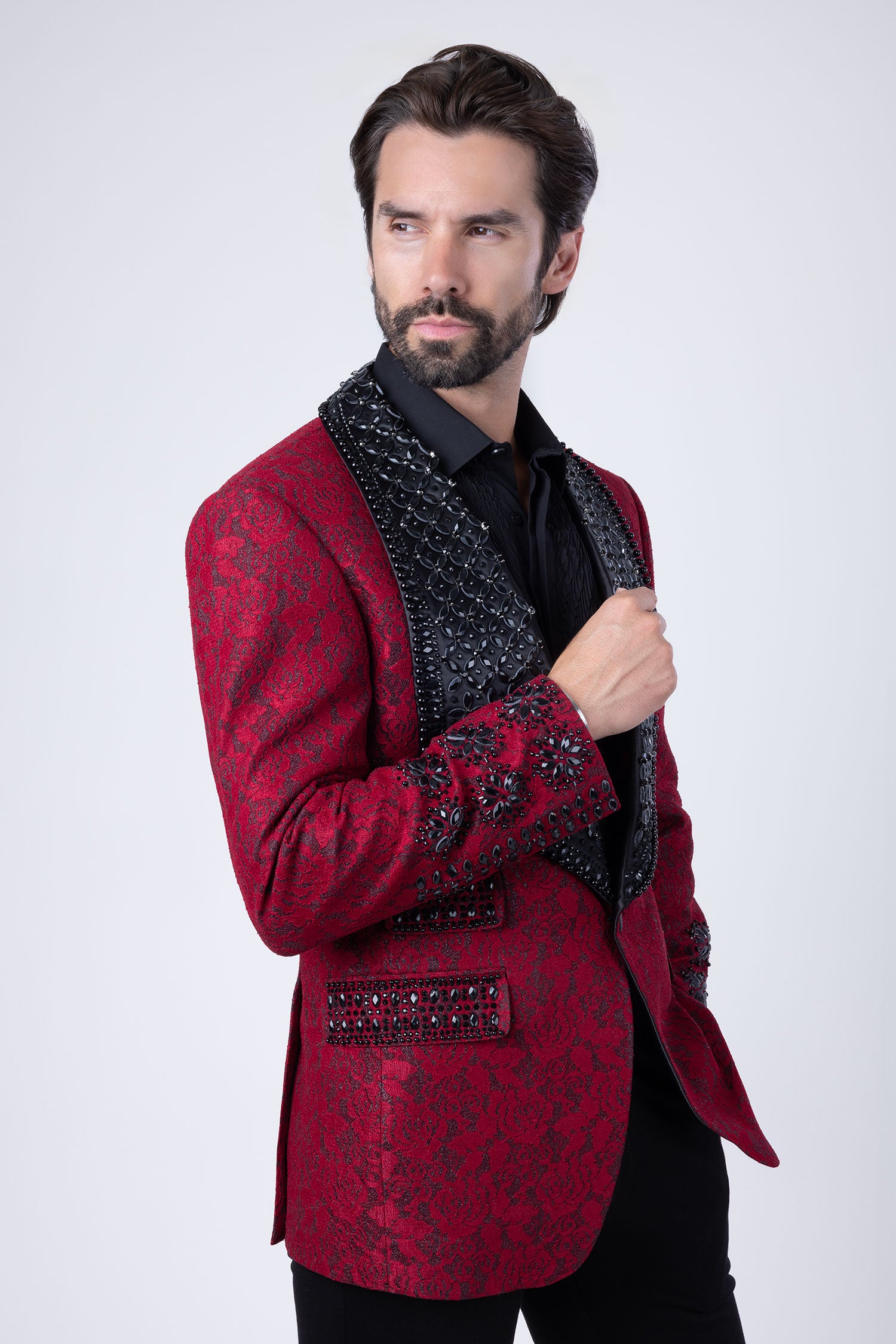 Barabas Elite Men's Rhinestone Floral Luxury Shawl Lapel Blazer 3EBL15 Red Black