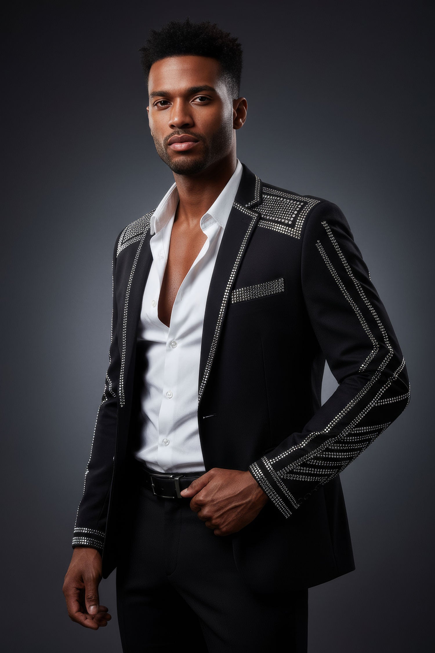 BARABAS Men's Studded Geometric Design Notch Lapel Blazer 3EBL16 Black Silver