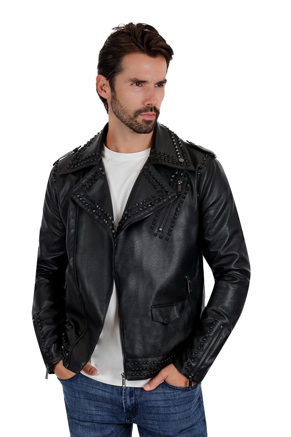 Barabas Men's Spiked Motorcycle Biker Faux Leather Jacket 3JPU26 Black Black