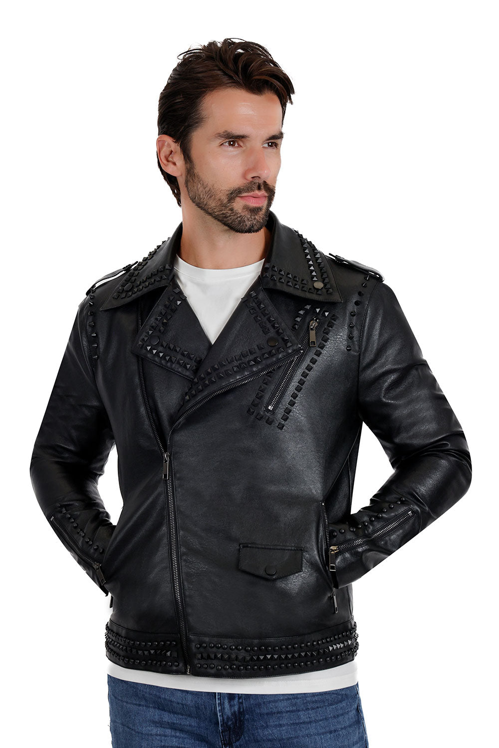 Barabas Men's Spiked Motorcycle Biker Faux Leather Jacket 3JPU26 Black Black