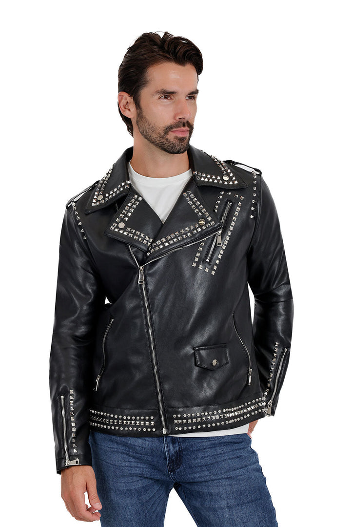Barabas Men's Spiked Motorcycle Biker Faux Leather Jacket 3JPU26 Black Silver