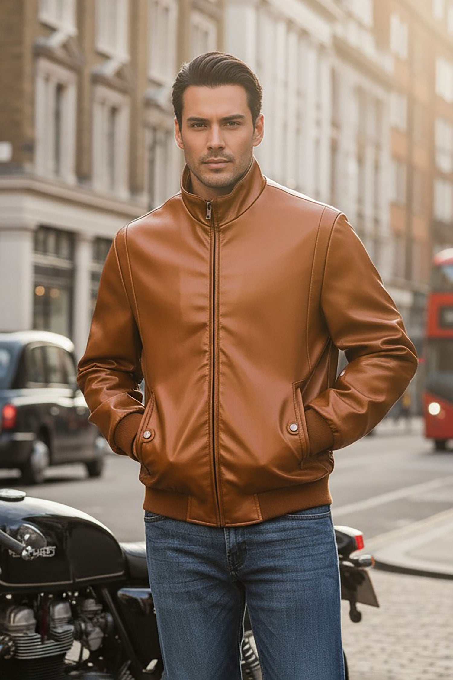 BARABAS Men's Faux Leather Zipper Closure Motorcycle Jacket 3JPU27 Cognac