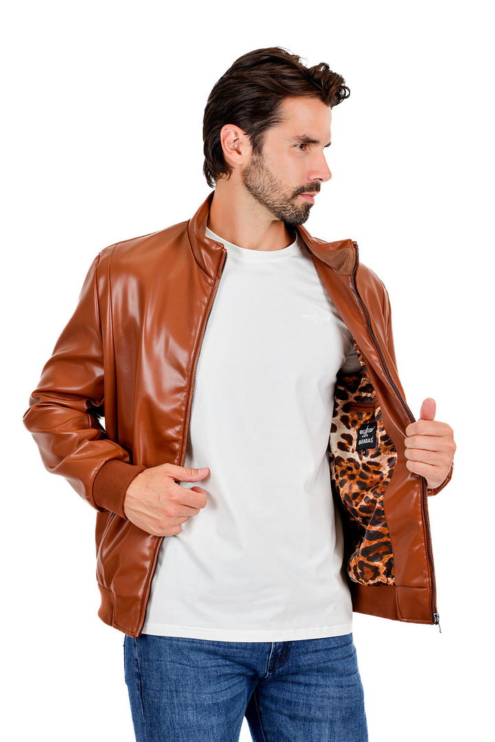 BARABAS Men's Faux Leather Zipper Closure Motorcycle Jacket 3JPU27 Cognac