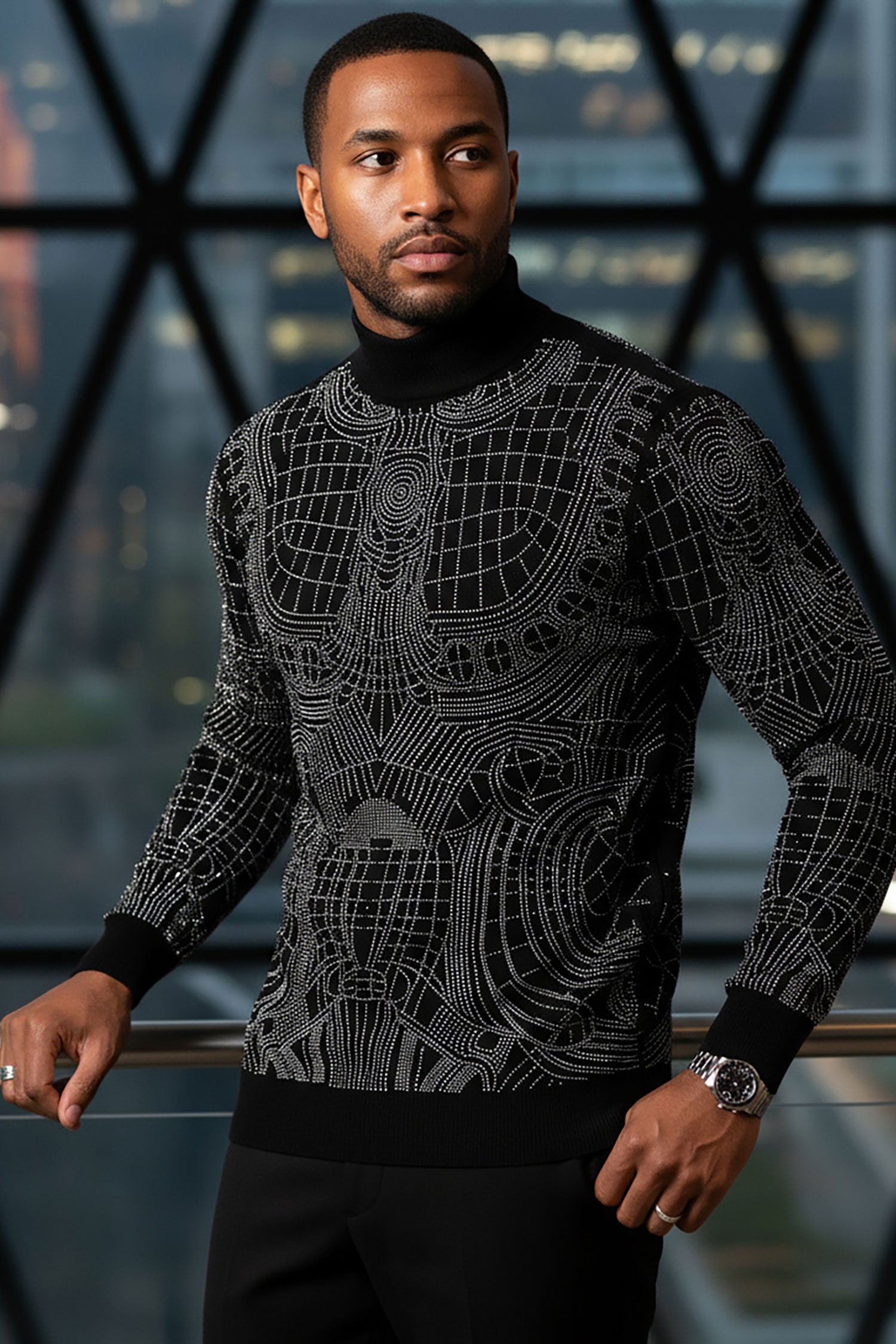 Barabas Men's Rhinestone Long Sleeve Turtleneck Sweater 3LS2107 Black Silver