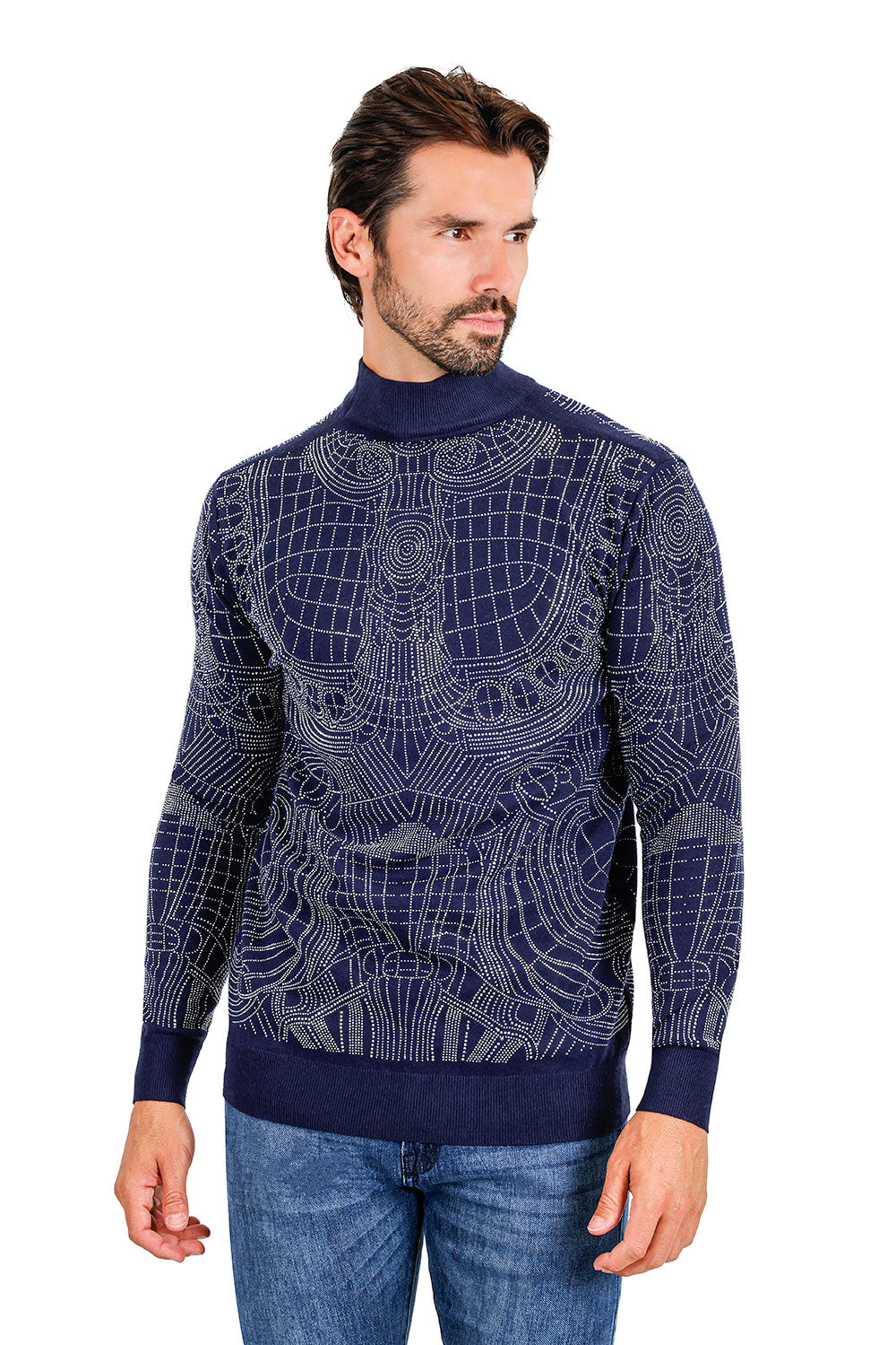 Barabas Men's Rhinestone Long Sleeve Turtleneck Sweater 3LS2107 Navy