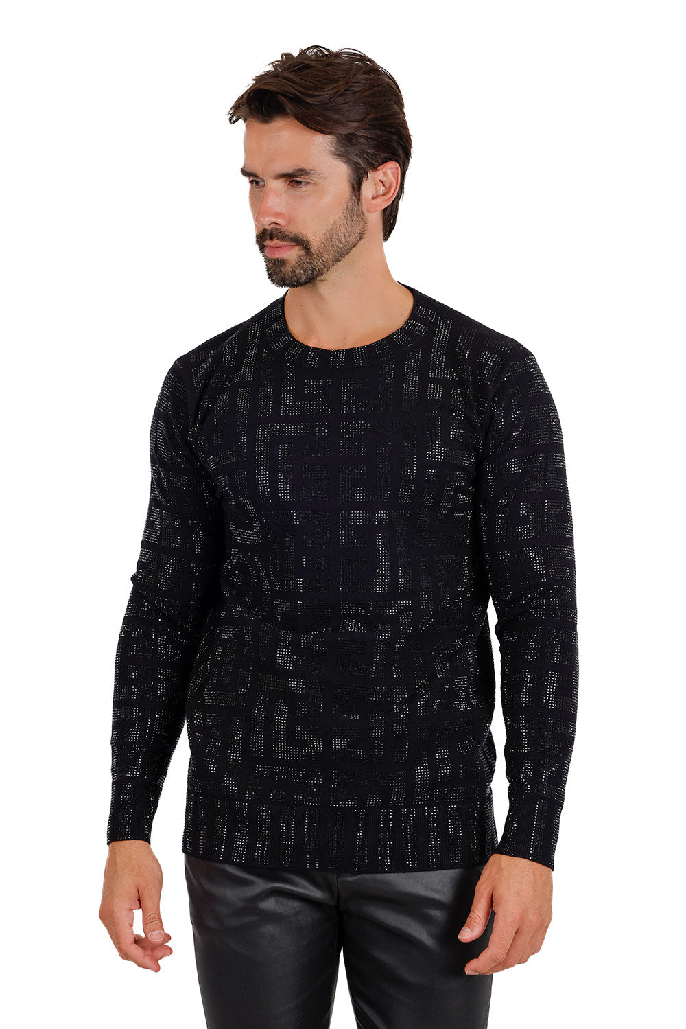 Barabas Men's Rhinestone Greek Key Stretch Crew Neck Sweater 3LS2108 Black