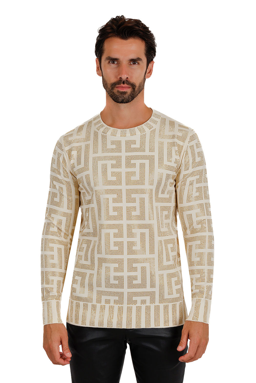 Barabas Men's Rhinestone Greek Key Stretch Crew Neck Sweater 3LS2108 Cream Gold