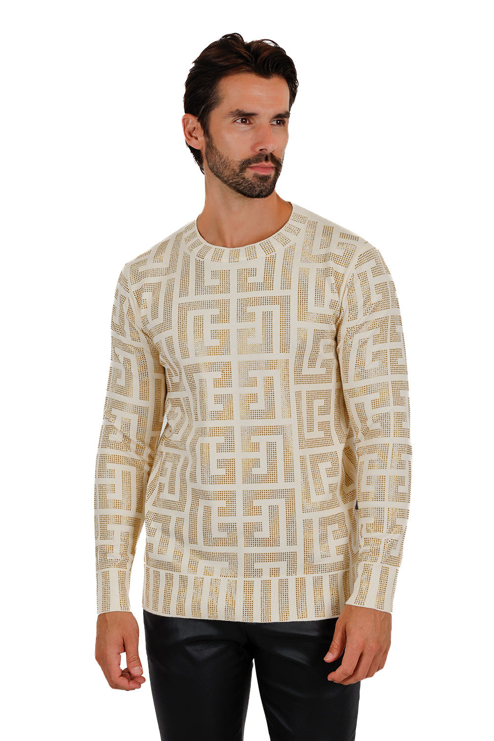 Barabas Men's Rhinestone Greek Key Stretch Crew Neck Sweater 3LS2108 Cream Gold