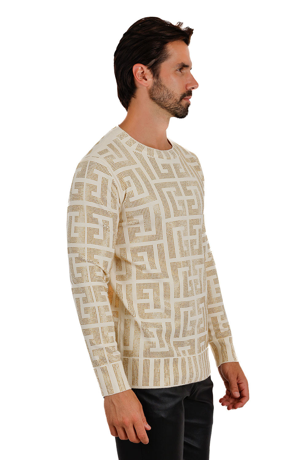 Barabas Men's Rhinestone Greek Key Stretch Crew Neck Sweater 3LS2108 Cream Gold