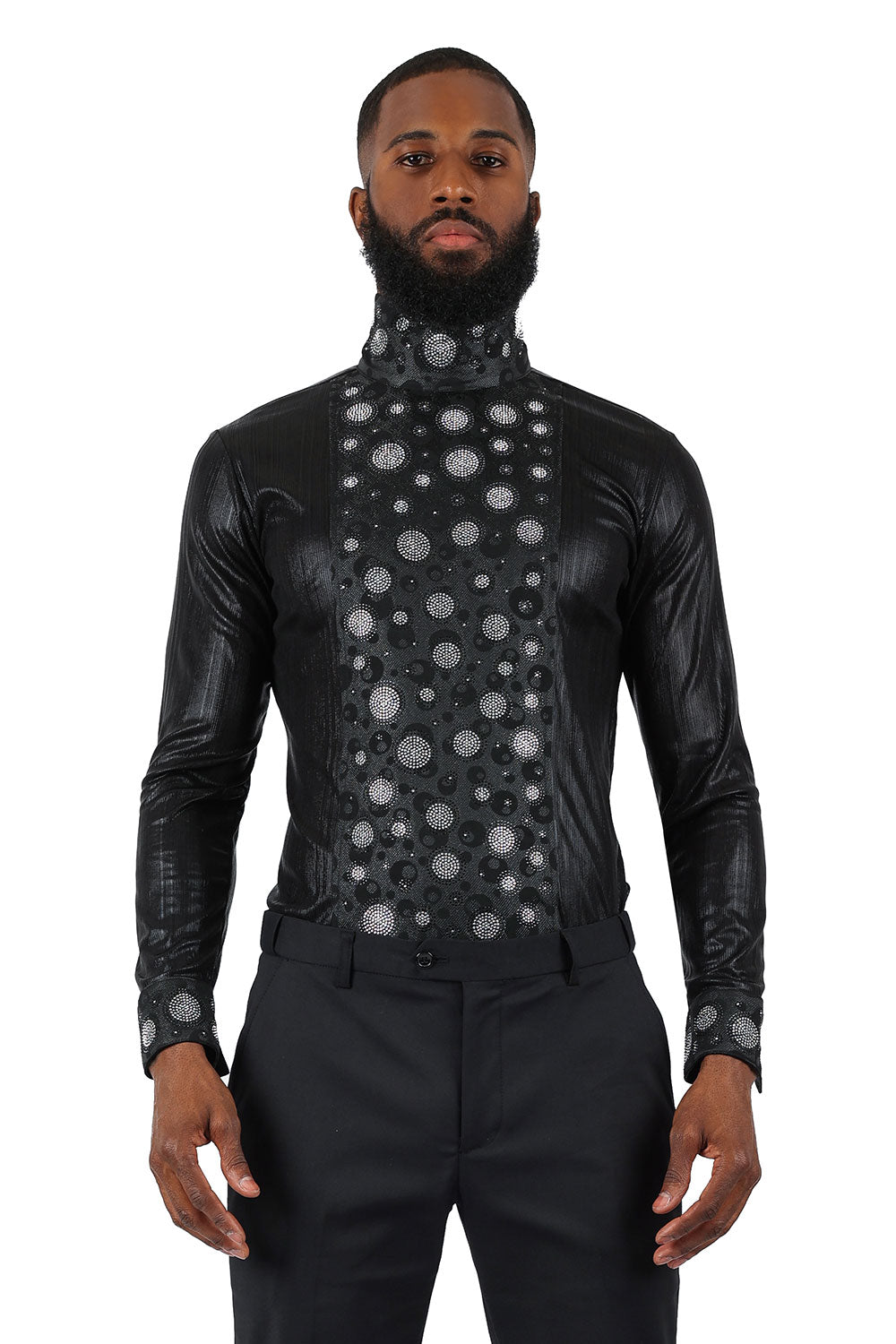 Barabas Men's Rhinestone Polka Dotted Satin Turtle Neck Shirt 3MT01