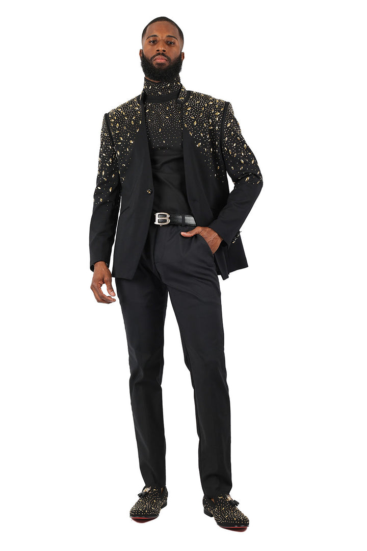 BARABAS Men's Luxury Rhinestone Long Sleeve Turtle Neck shirt 3MT04 Black and Gold