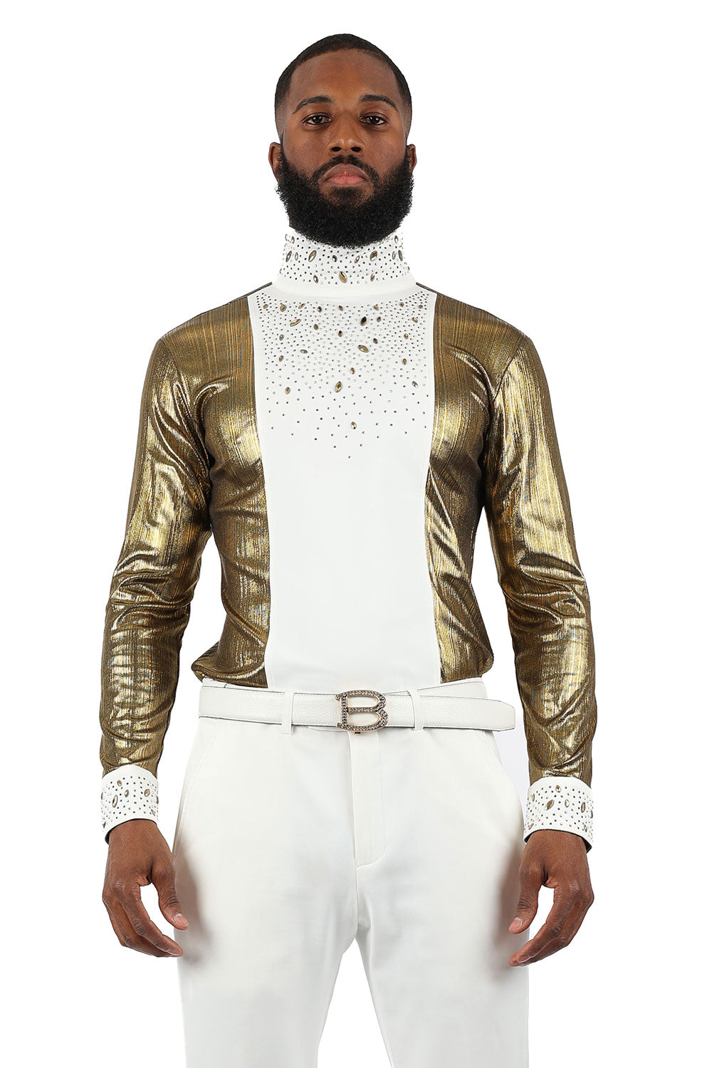 BARABAS Men's Luxury Rhinestone Long Sleeve Turtle Neck shirt 3MT04 White and Gold