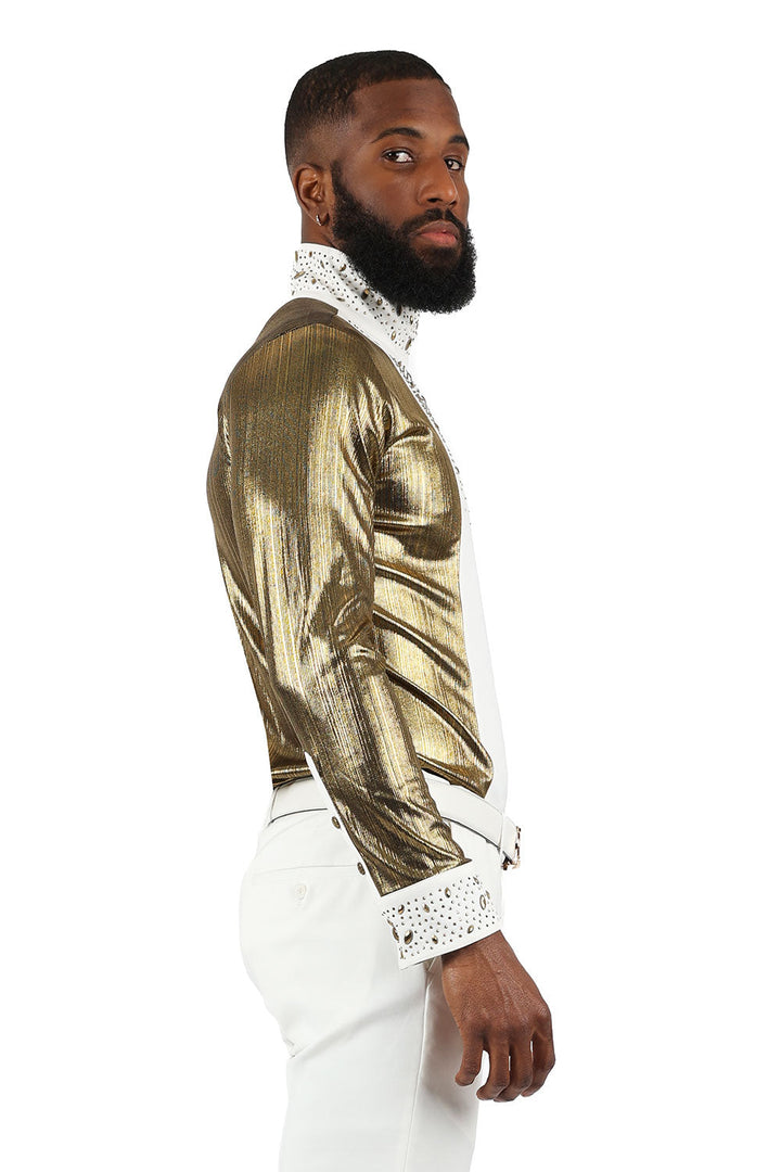BARABAS Men's Luxury Rhinestone Long Sleeve Turtle Neck shirt 3MT04 White and Gold