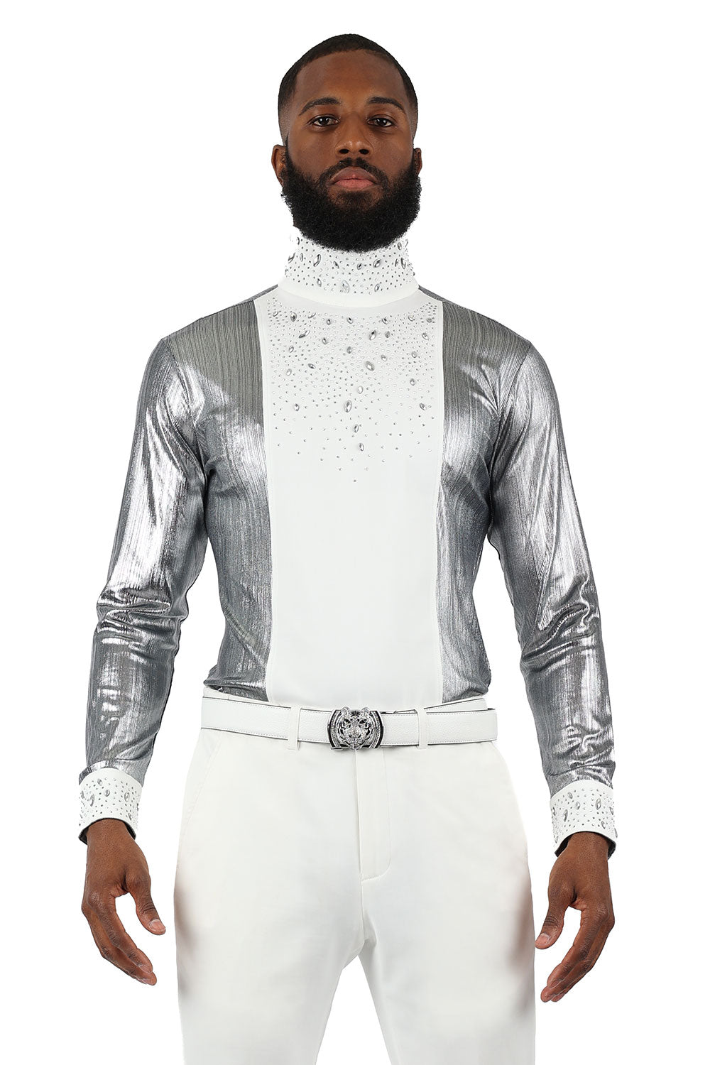 BARABAS Men's Luxury Rhinestone Long Sleeve Turtle Neck shirt 3MT04 White and Silver