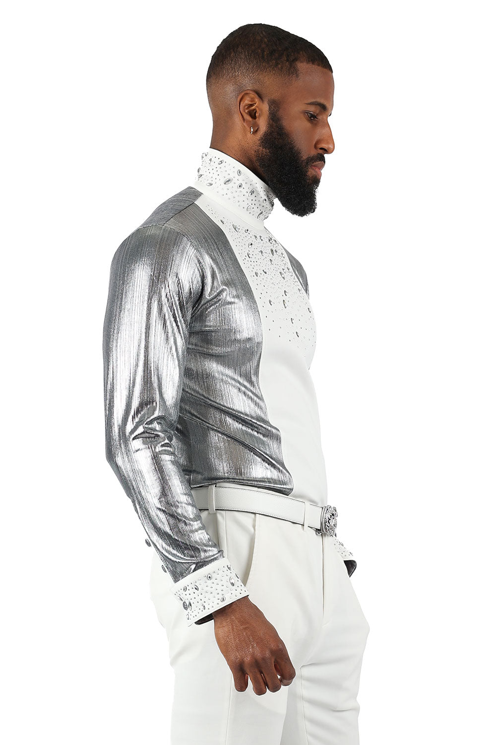 BARABAS Men's Luxury Rhinestone Long Sleeve Turtle Neck shirt 3MT04 White and Silver