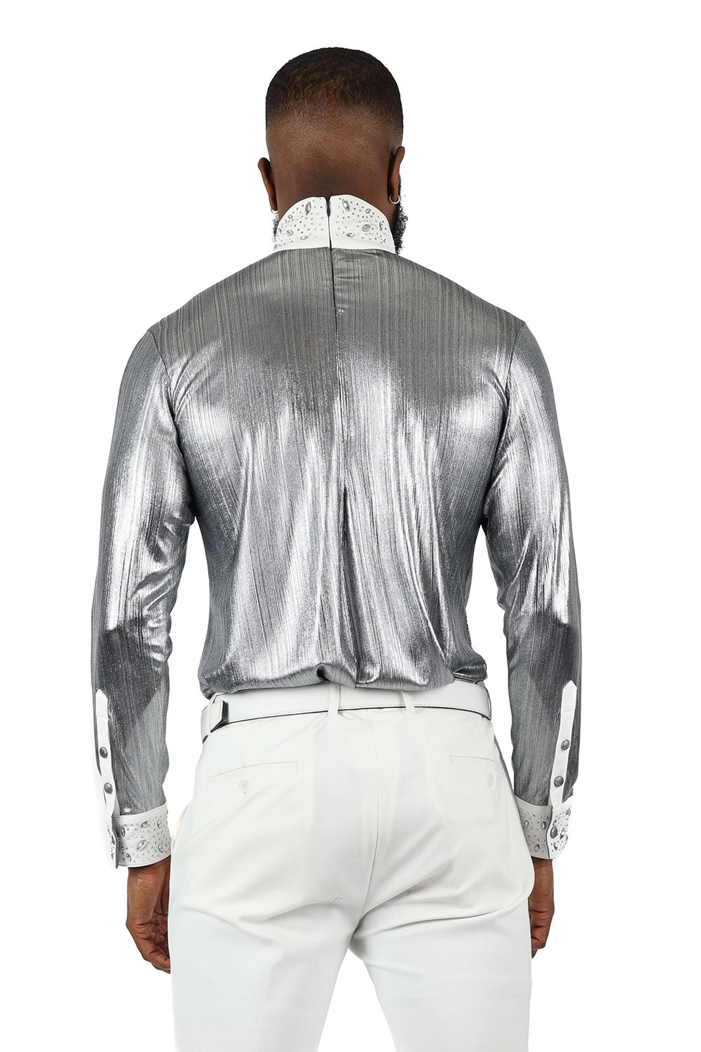 BARABAS Men's Luxury Rhinestone Long Sleeve Turtle Neck shirt 3MT04 White and Silver