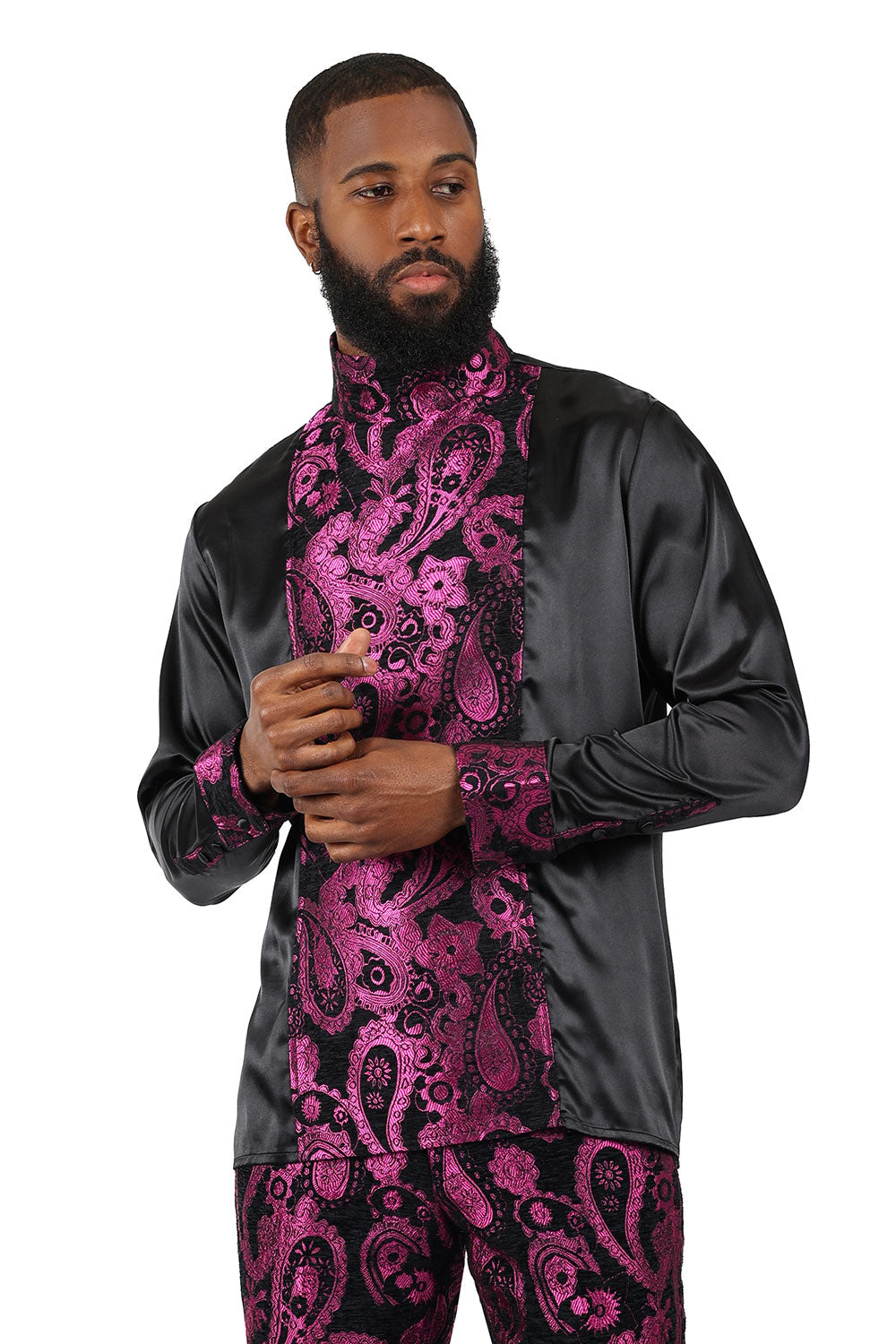 BARABAS Men's Paisley Long Sleeve Turtle Neck shirt 3MT05 Magenta