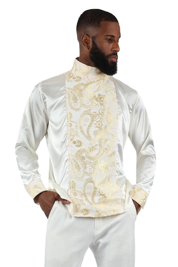 BARABAS Men's Paisley Long Sleeve Turtle Neck shirt 3MT05 White