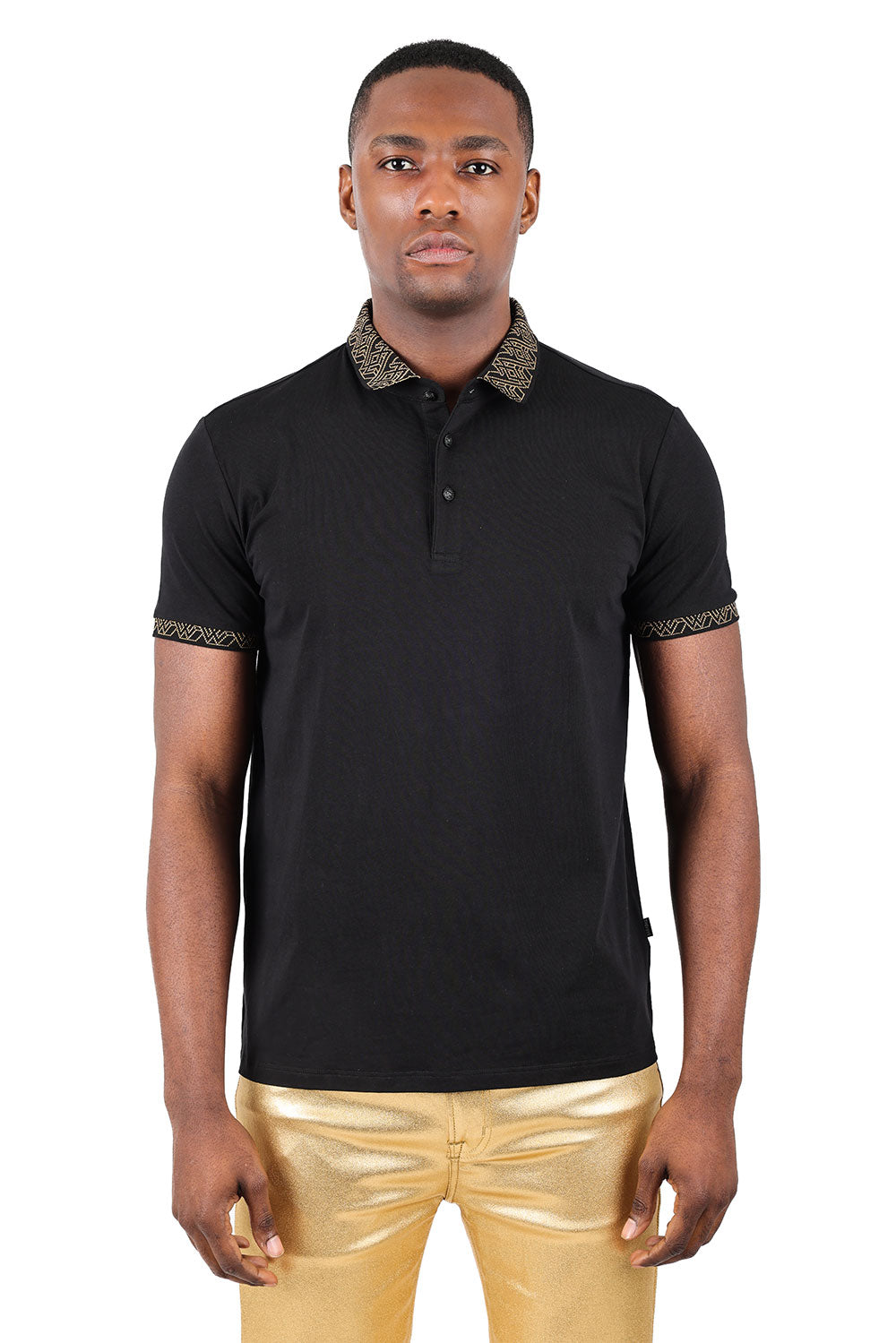 Barabas Men's Collar Pattern Short Sleeve Solid Color Shirts 3P01 Black Gold