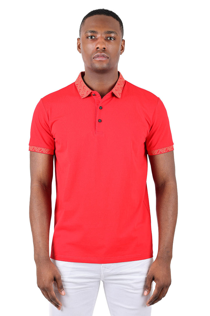Barabas Men's Collar Geo Pattern Short Sleeve Solid Polo Shirts 3P01Red