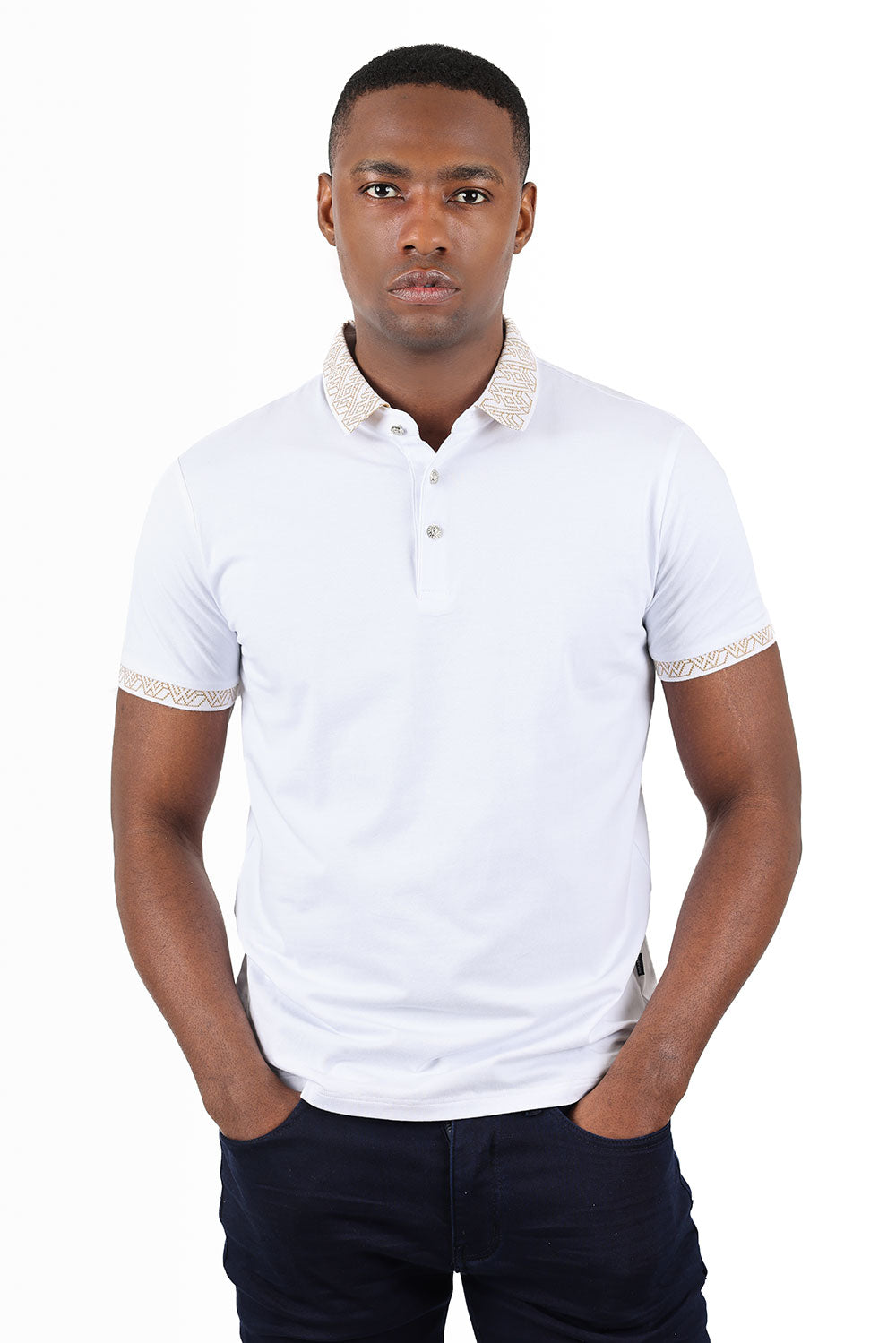 Barabas Men's Collar Pattern Short Sleeve Solid Color Shirts 3P01 White Gold