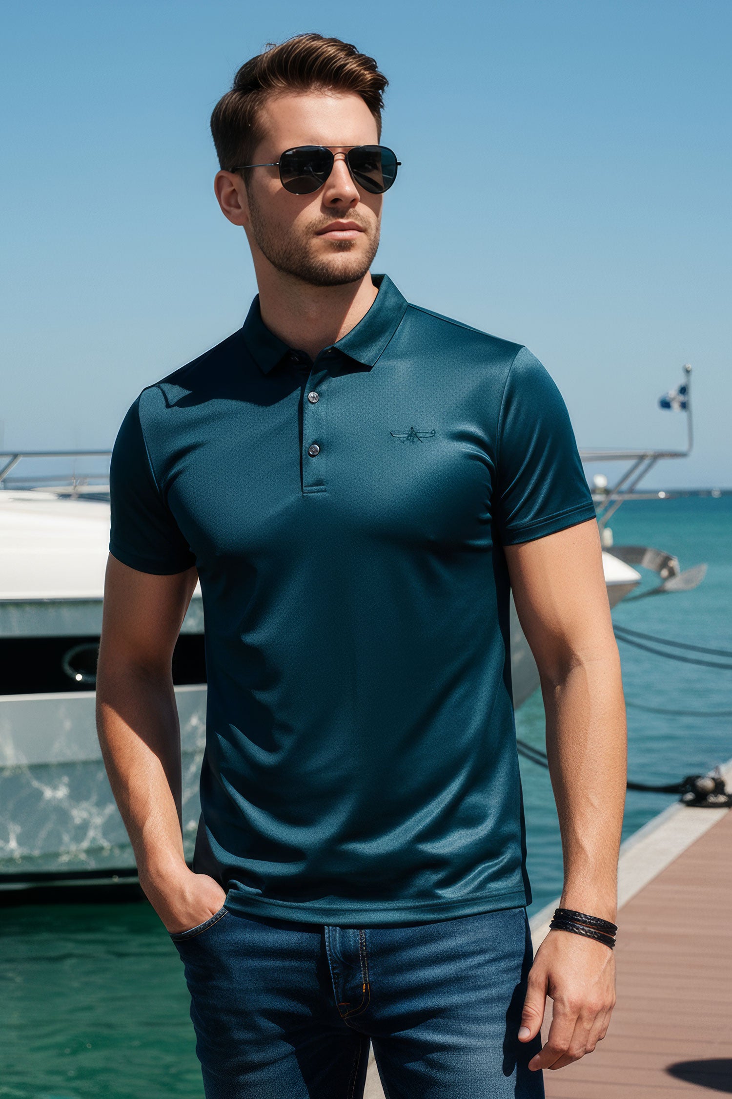 Men's solid color silky stretch polo short sleeve shirts 3P02 Dark Green