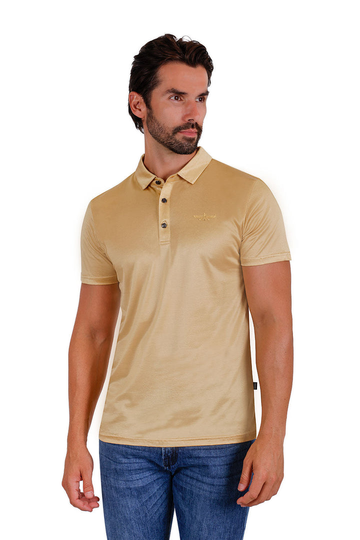 Men's solid color silky stretch polo short sleeve shirts 3P02 Gold