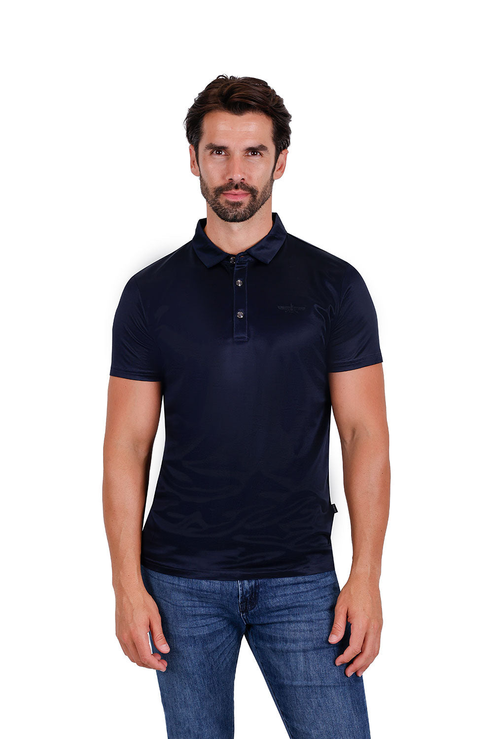 Men's solid color silky stretch polo short sleeve shirts 3P02 Navy