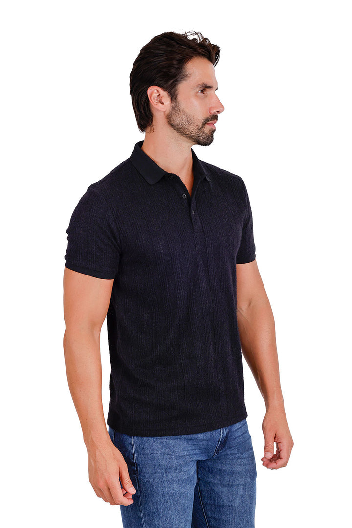 Men's solid color stretch feather feel polo short sleeve shirt 3P03 Black