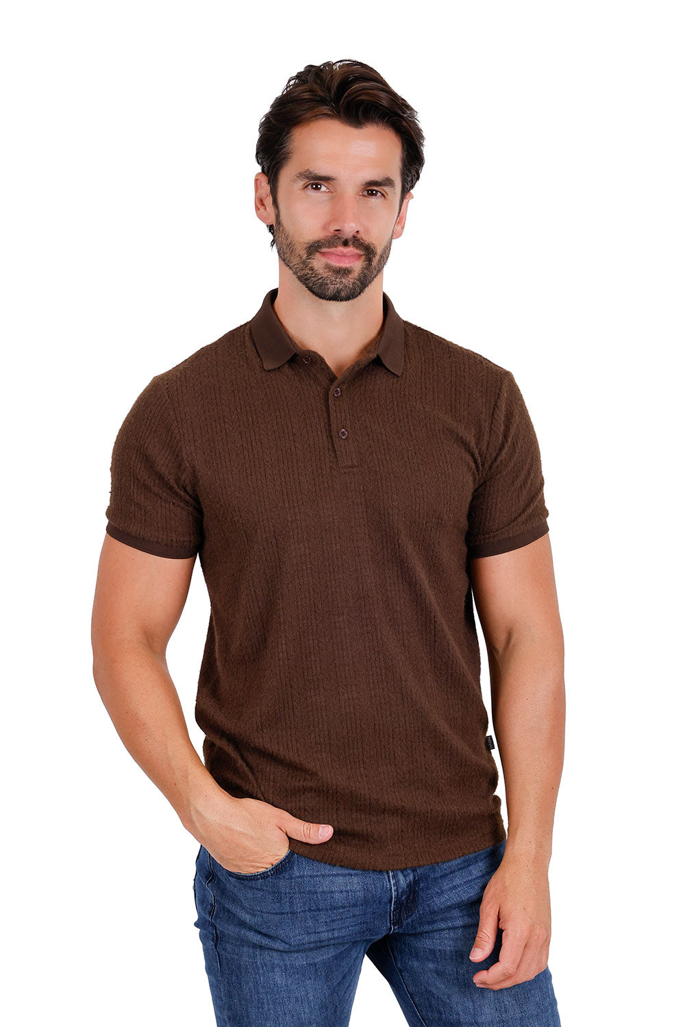 Men's solid color stretch feather feel polo short sleeve shirt 3P03 Chocolate