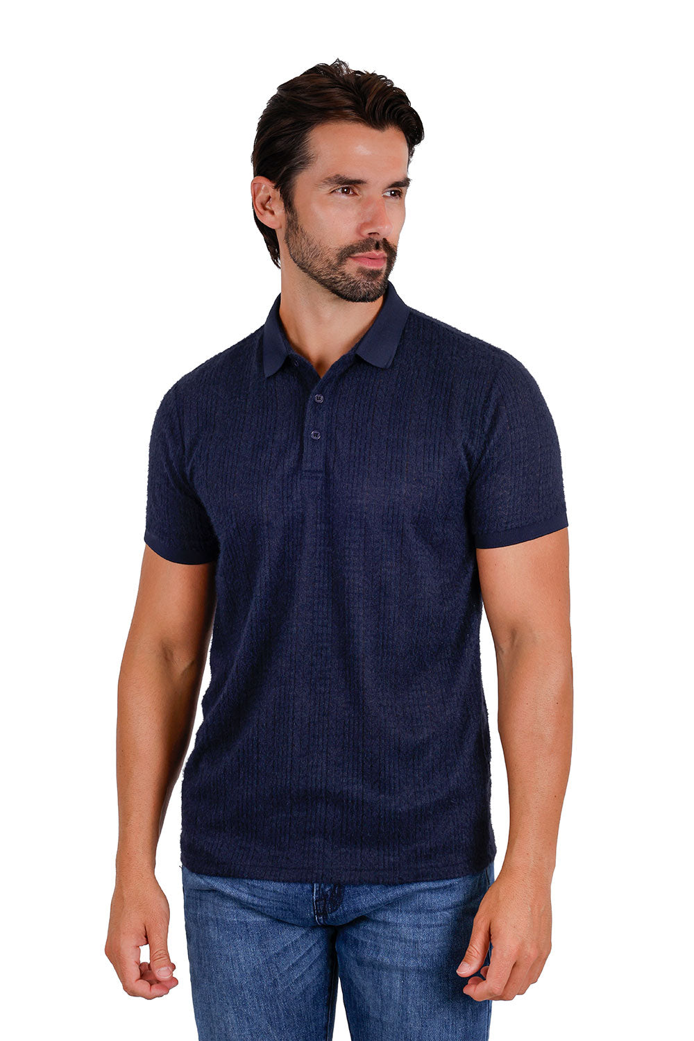 Men's solid color stretch feather feel polo short sleeve shirt 3P03 Navy