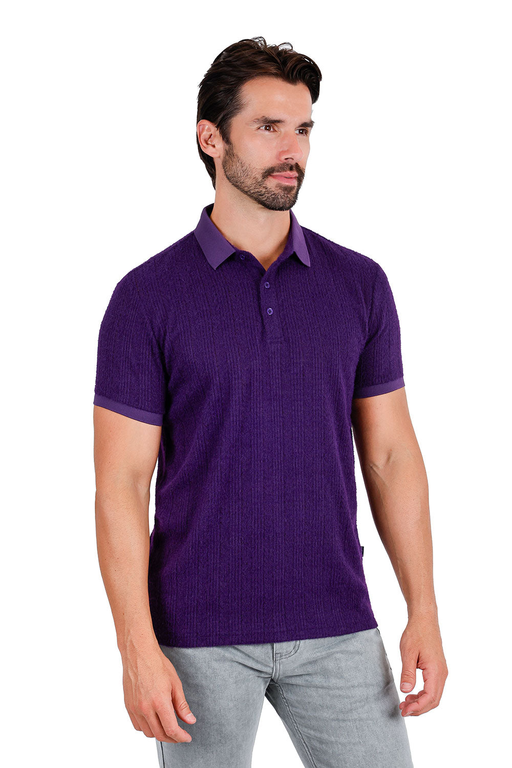 Men's solid color stretch feather feel polo short sleeve shirt 3P03 Purple