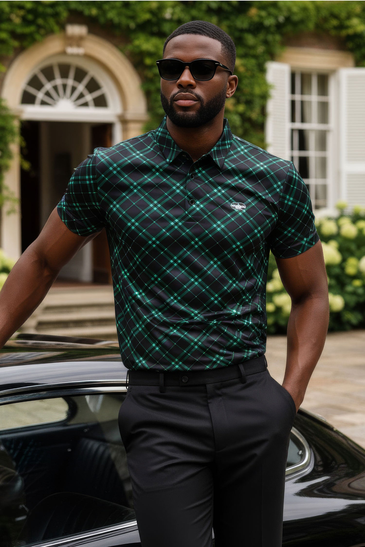 Barabas Men's Printed Shiny Diamond Polo Short Sleeve Shirts 3P06 Green Black