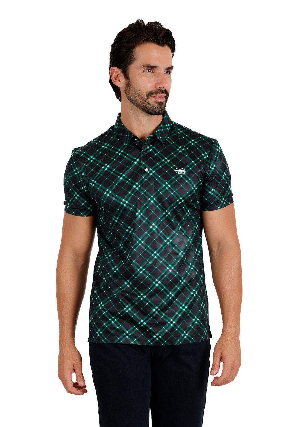 Barabas Men's Printed Shiny Diamond Polo Short Sleeve Shirts 3P06 Green Black