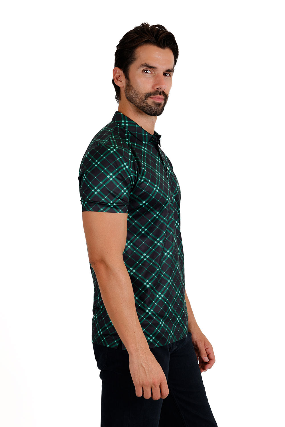 Barabas Men's Printed Shiny Diamond Polo Short Sleeve Shirts 3P06 Green Black