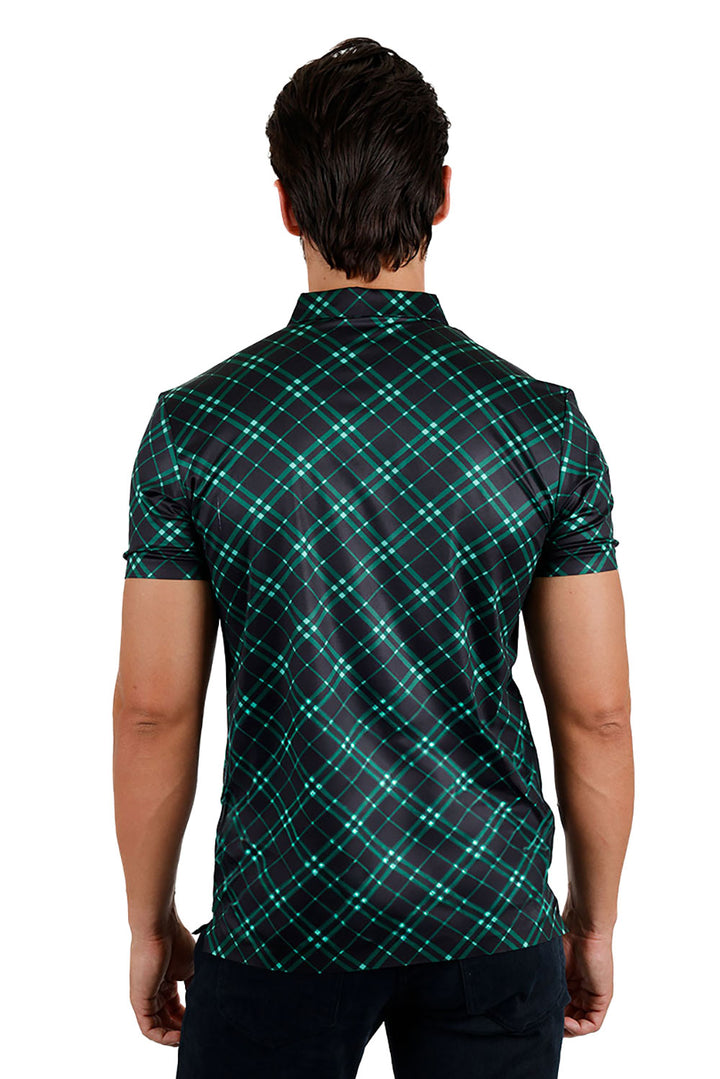 Barabas Men's Printed Shiny Diamond Polo Short Sleeve Shirts 3P06 Green Black