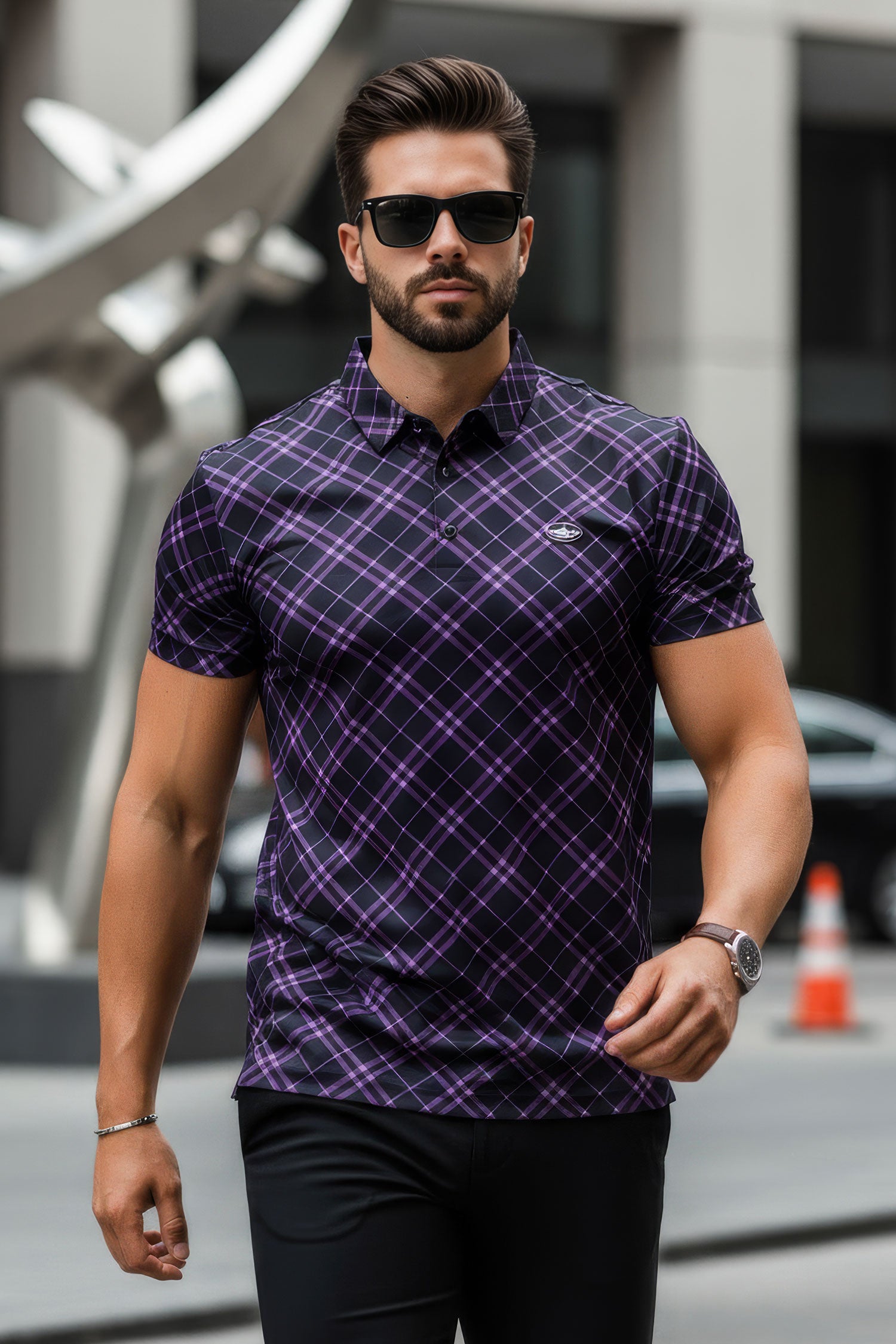 Barabas Men's Printed Shiny Diamond Polo Short Sleeve Shirts 3P06 Green Purple