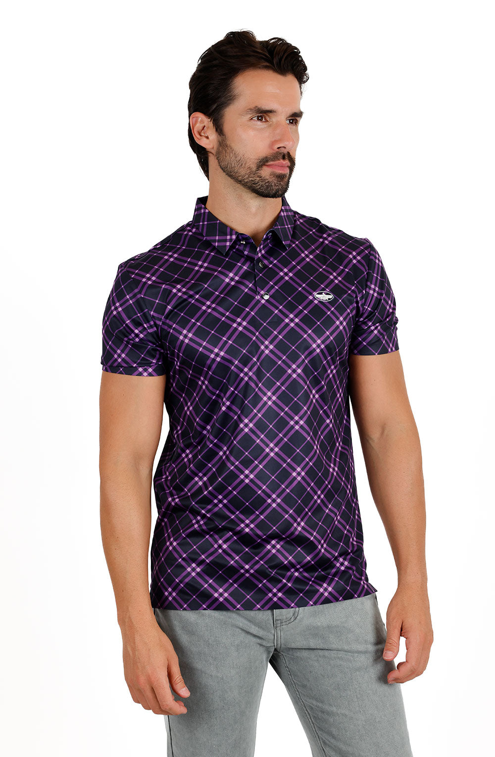 Barabas Men's Printed Shiny Diamond Polo Short Sleeve Shirts 3P06 Green Purple