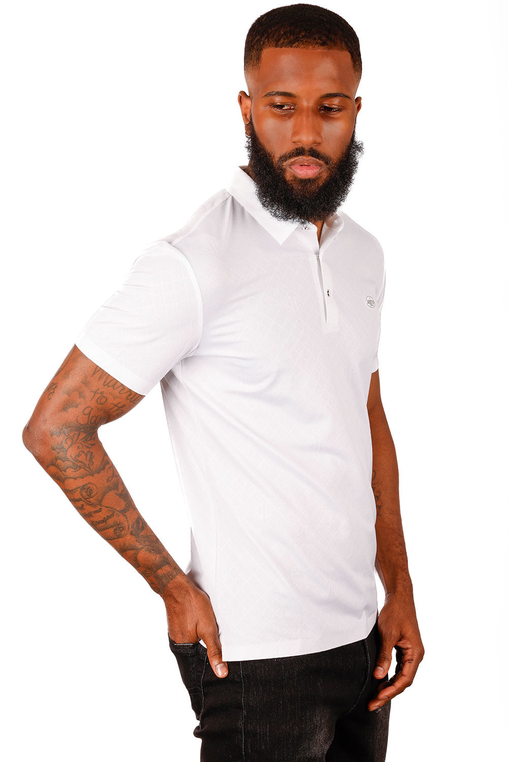 Barabas Men's Premium Solid Diamond Polo Short Sleeve Shirts 3P07 White