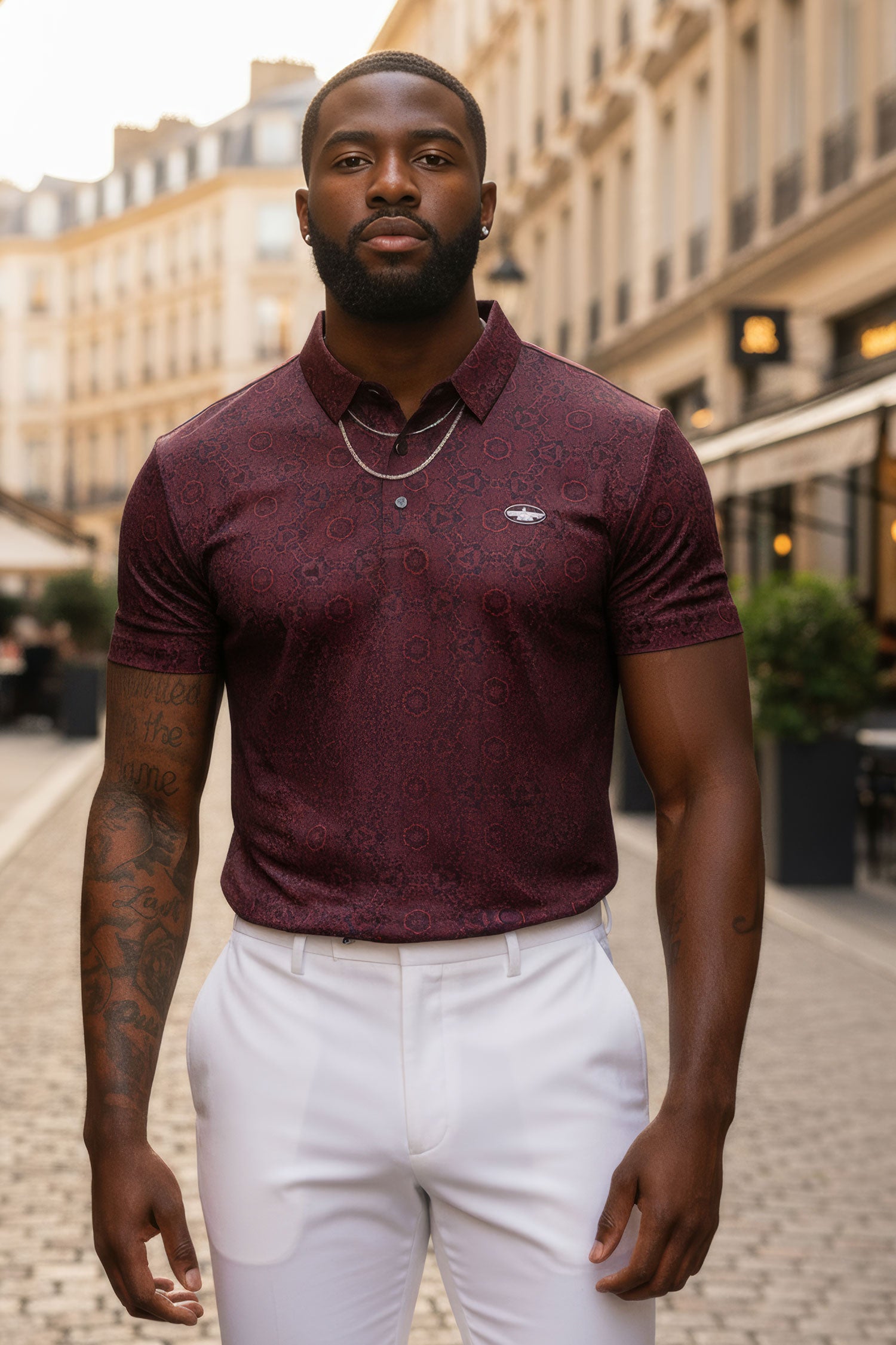 Barabas Men's Geometric Floral Shiny Short Sleeve Polo Shirts 3P08 Burgundy Black