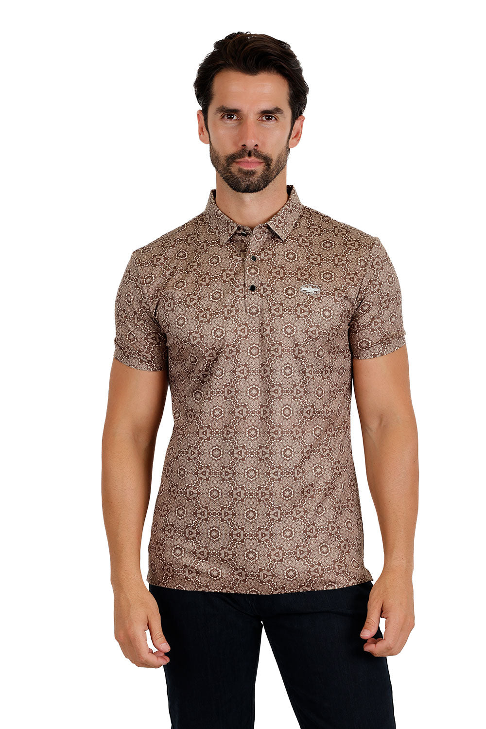 Barabas Men's Geometric Floral Shiny Short Sleeve Polo Shirts 3P08 Brown Cream