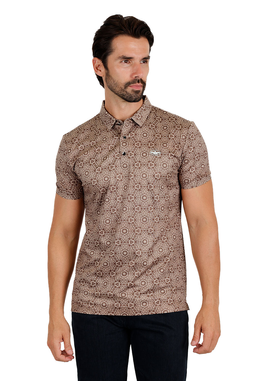 Barabas Men's Geometric Floral Shiny Short Sleeve Polo Shirts 3P08 Brown Cream