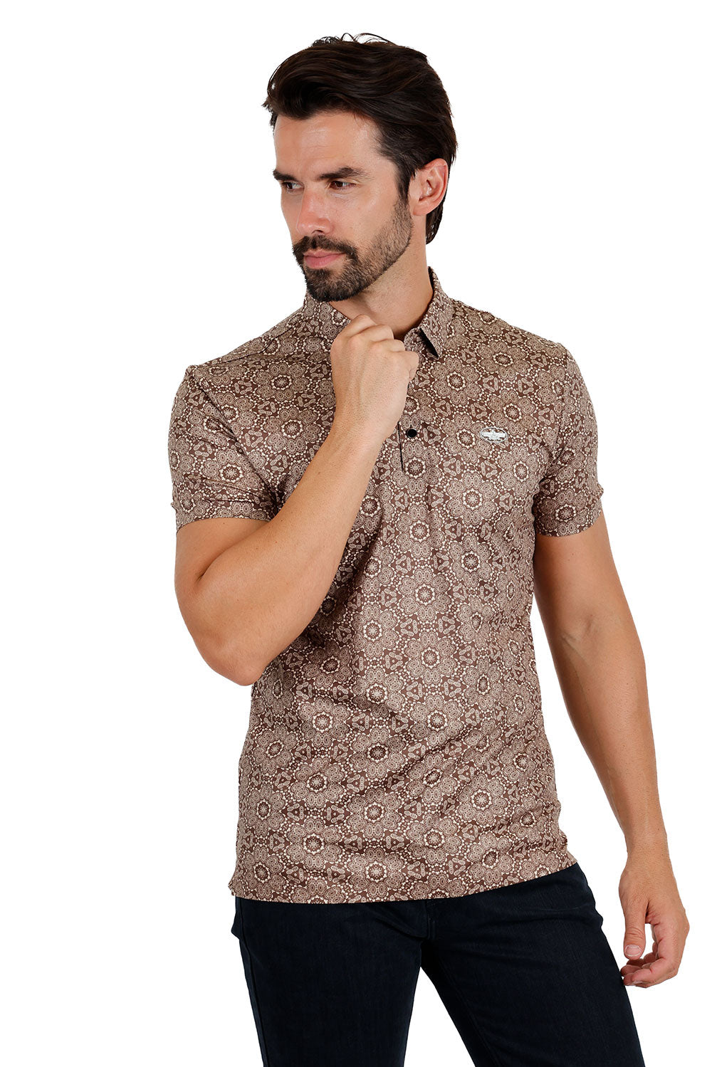 Barabas Men's Geometric Floral Shiny Short Sleeve Polo Shirts 3P08 Brown Cream