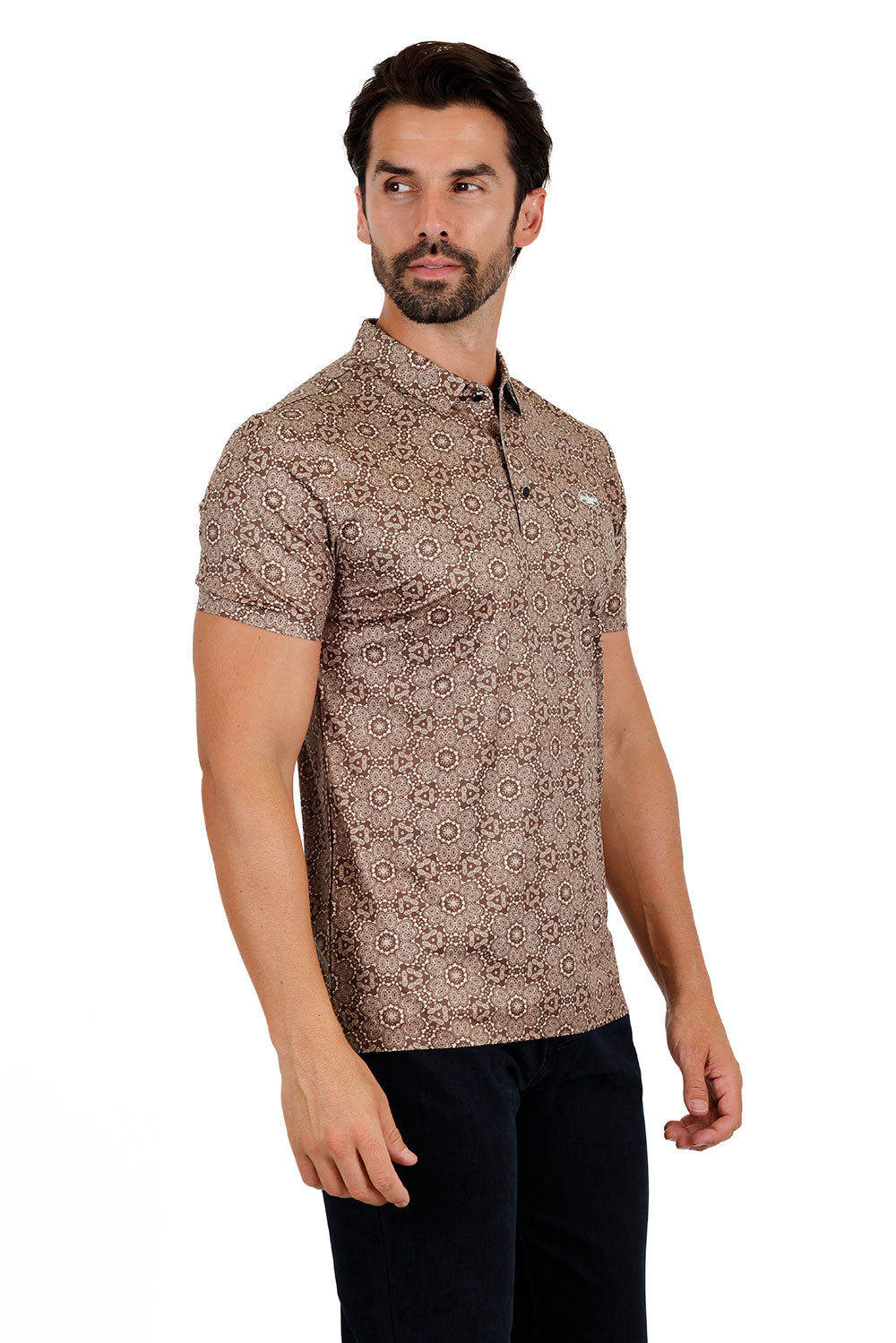 Barabas Men's Geometric Floral Shiny Short Sleeve Polo Shirts 3P08 Brown Cream